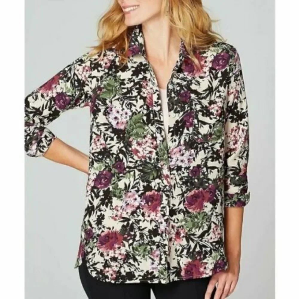 NWT J Jill Cream Green Black Purple Floral Print Long Sleeve Button Down Blouse